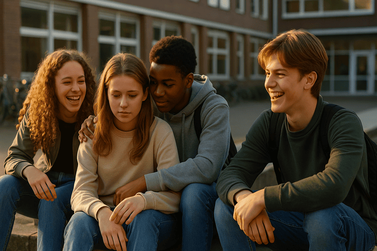 Vriendengroep zit samen op een trap en lacht