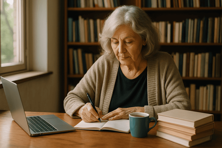 Auteur schrijft in notitieboek in een bibliotheek