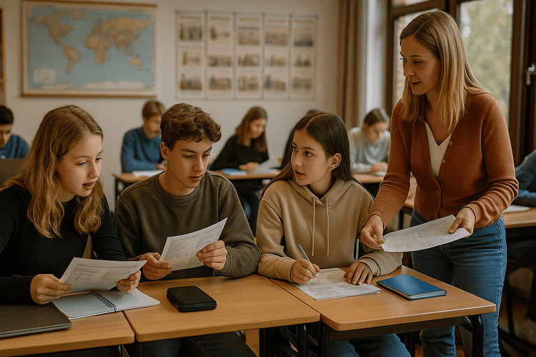 Scholieren werken met lesbrieven bij de reeks ‘14, de tijd van je leven’